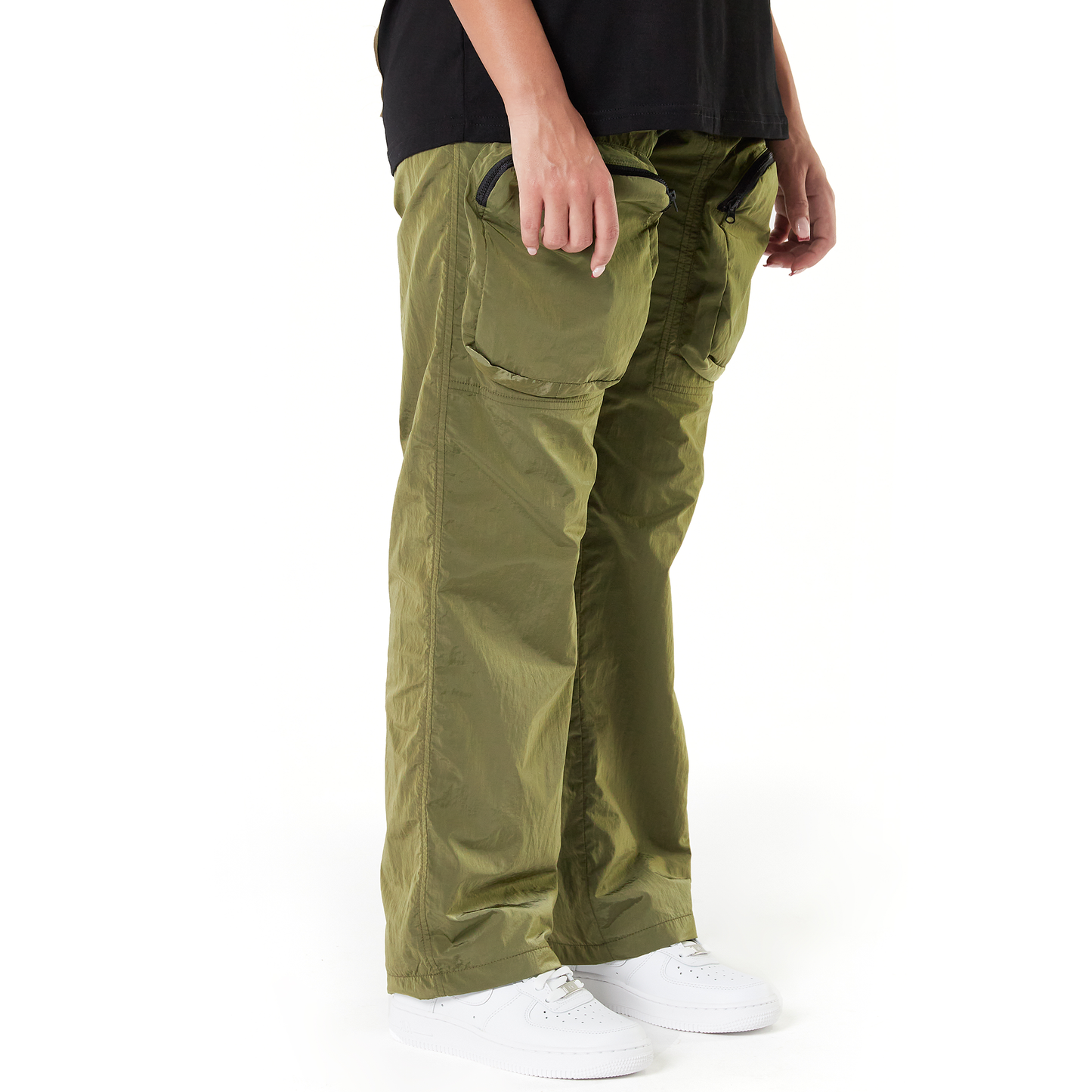 Straight Leg Moss Green Nylon Cargo Pants