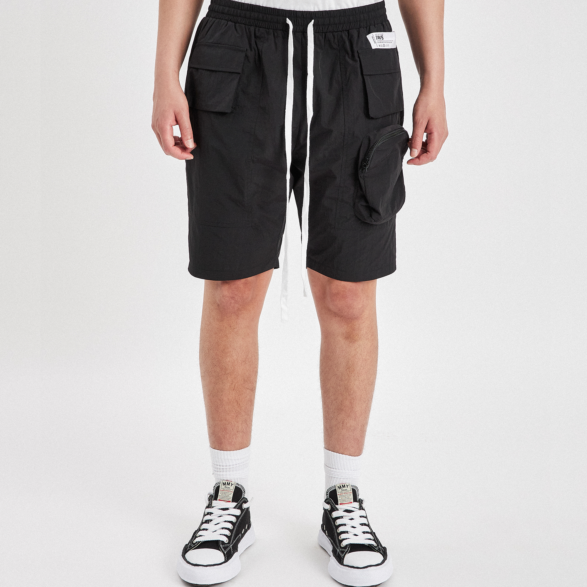 black nylon utility shorts