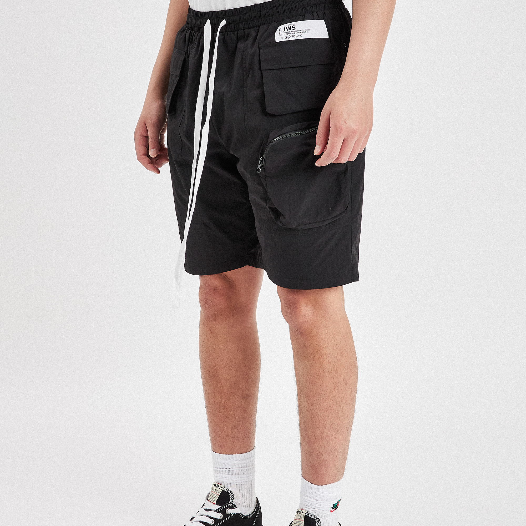 black nylon utility shorts